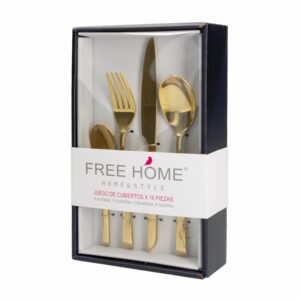 Juego De Cubiertos Diseño Mirror Dorado 4 Puestos FREE HOME X 16 Piezas