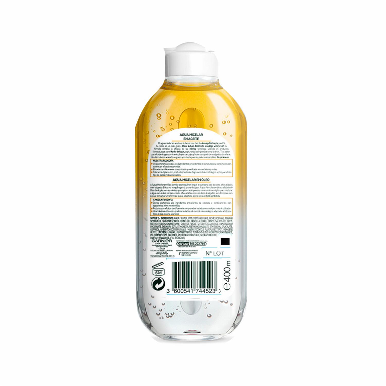 Agua Micelar En Aceite Para Maquillaje A Prueba De Agua GARNIER SKIN ACTIVE 400 Ml