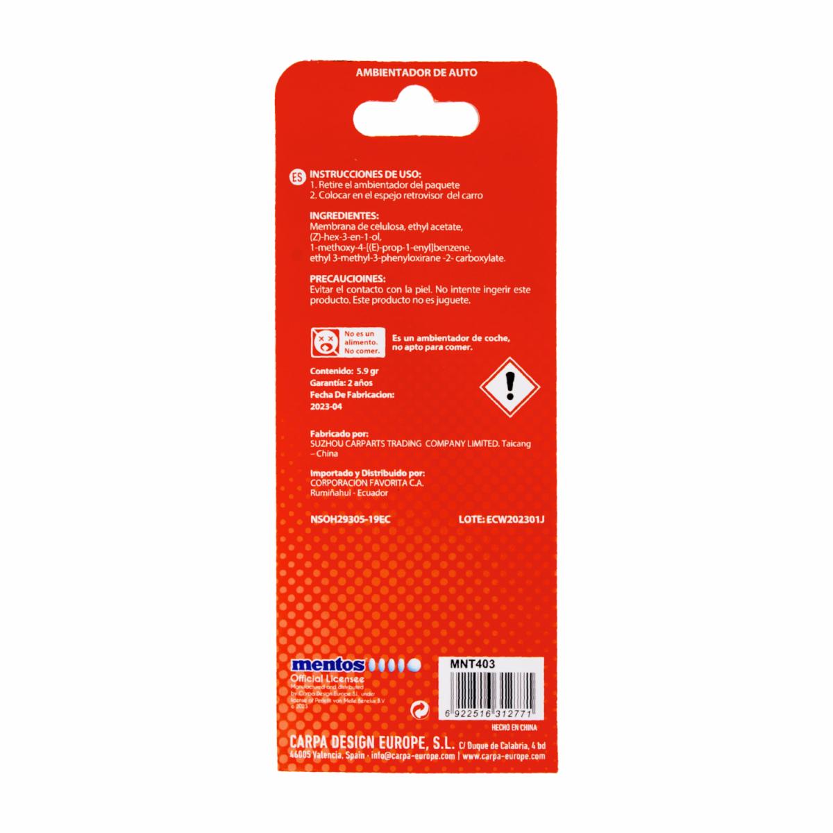 Ambiental Para Auto Papel Fragancia Strawberry MENTOS 5.9 G - Imagen 2