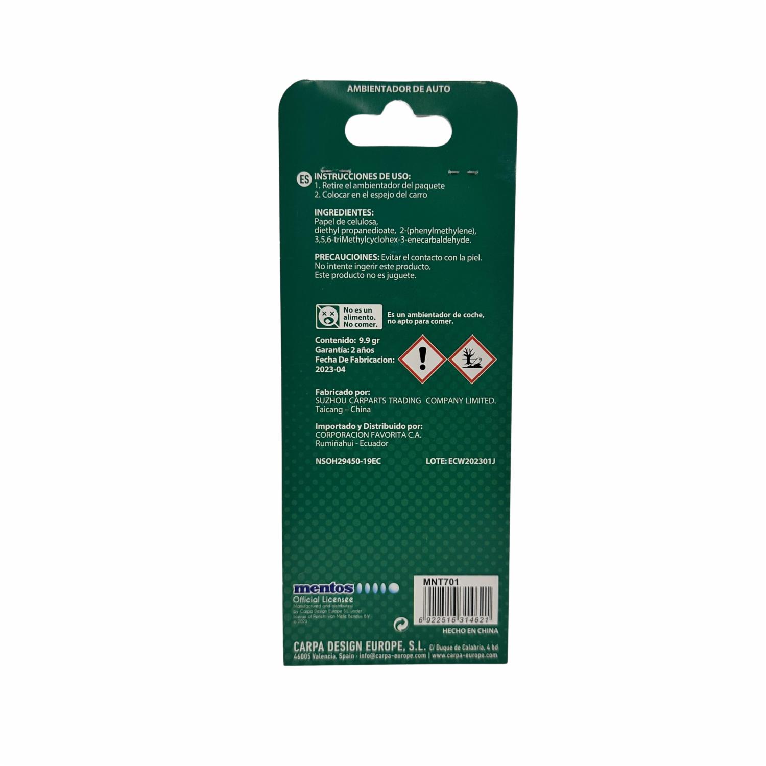 Ambiental Para Auto Fragancia Green Apple MENTOS Unidad - Imagen 2