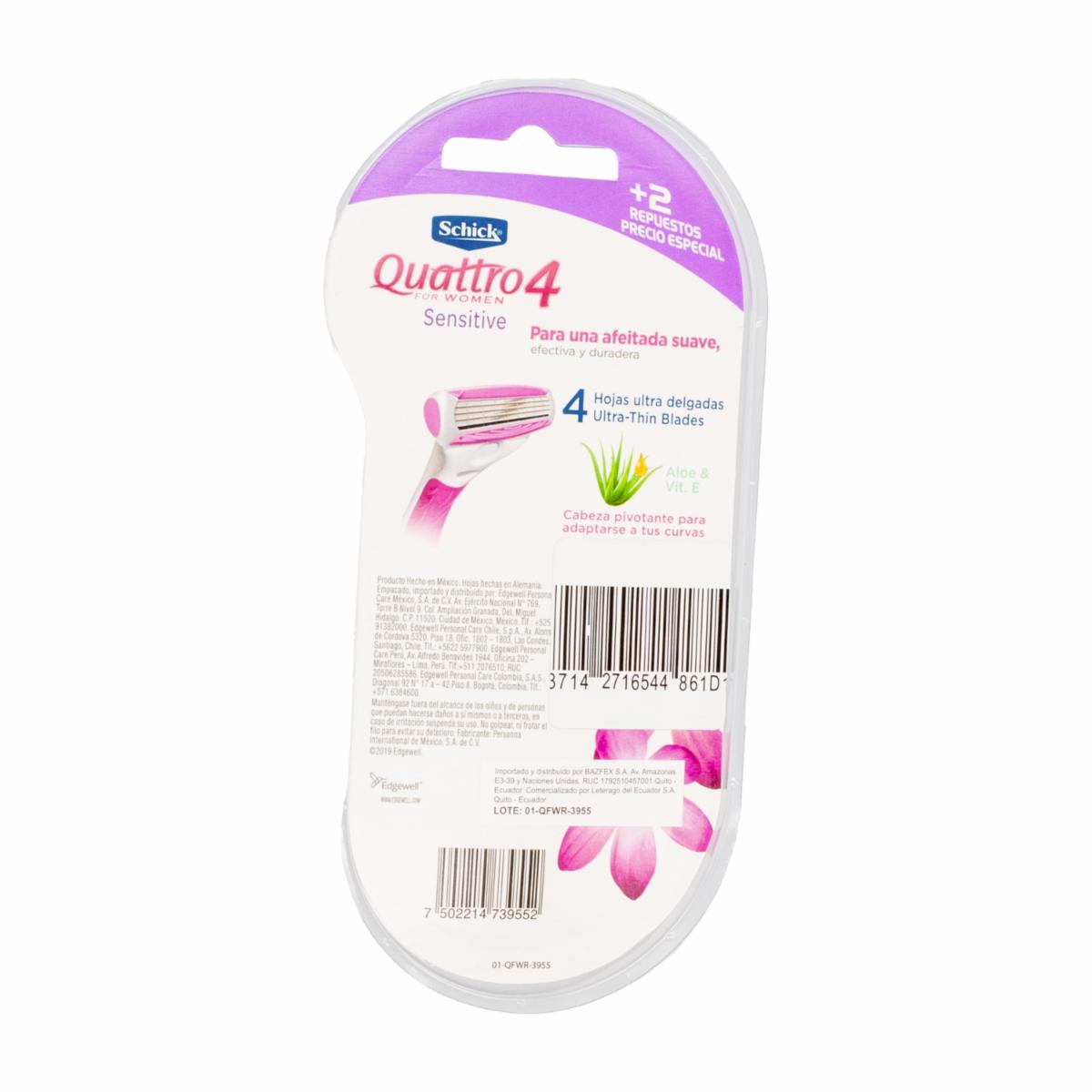 Afeitadora Para Mujer Quattro4 Sensitive SCHICK 1 U + 2Rep