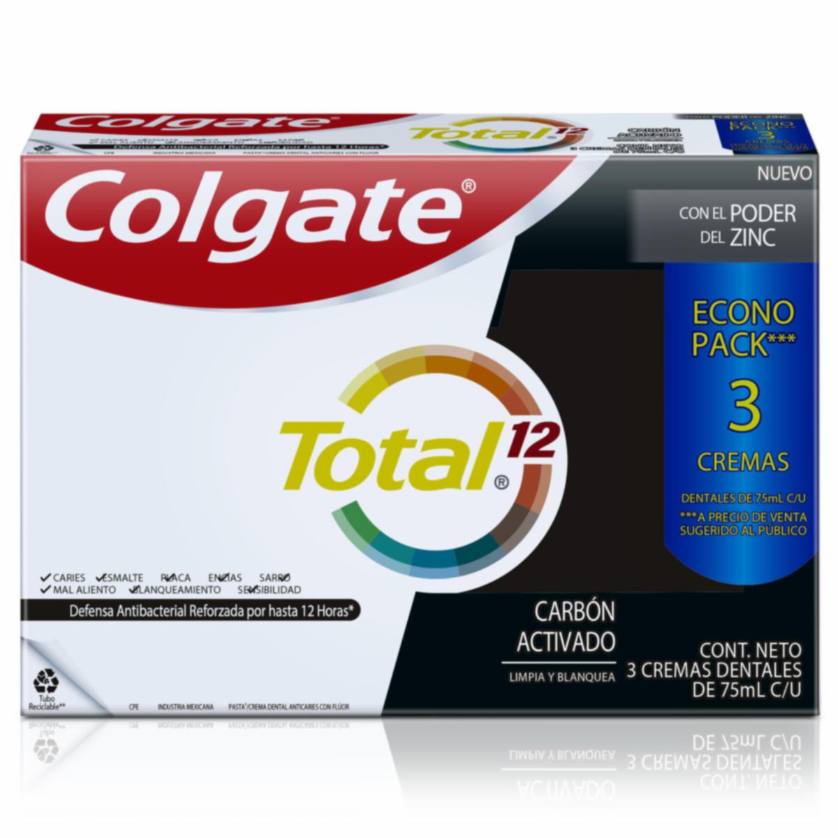 Pasta Dental Total 12 Carbón Activado Con Zinc COLGATE 3 X 75 Ml