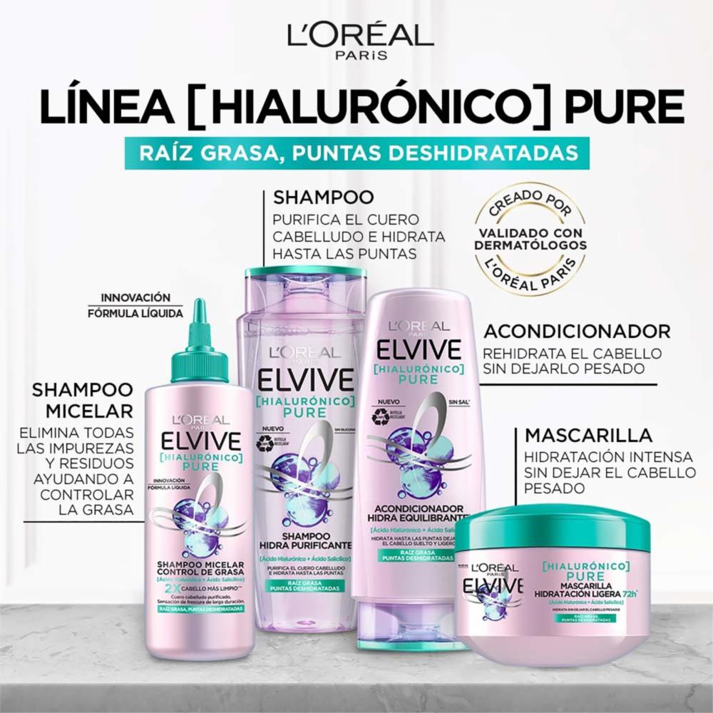 Shampoo Capilar Hialurónico Pure Para Raíz Grasa Y Puntas Deshidratadas ELVIVE L'ORÉAL 680 Ml - Imagen 5