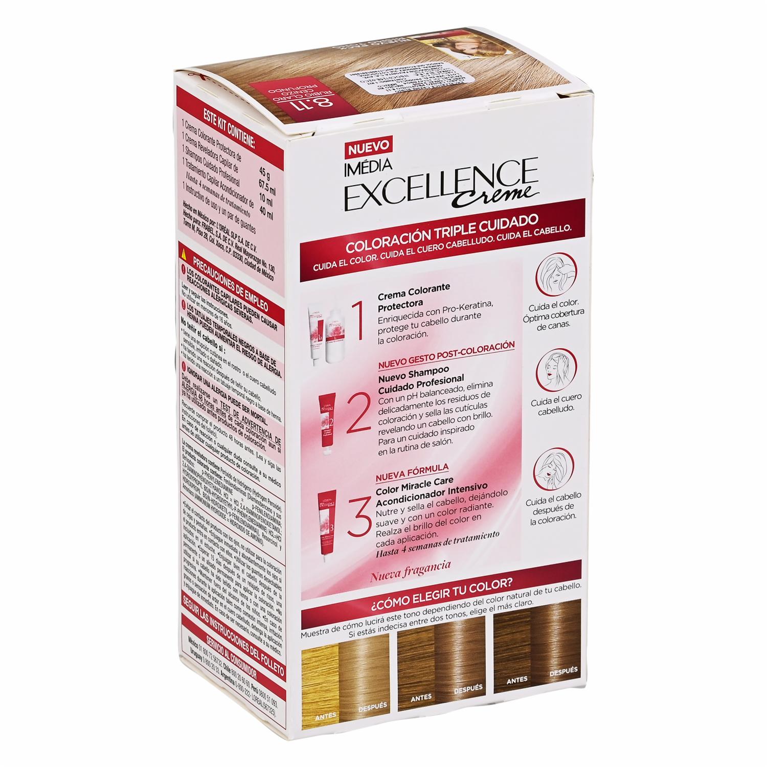 Tinte Para Cabello Tono 8.11 Rubio Claro Ceniza Profundo EXCELLENCE L'ORÉAL PARIS 1 Kit - Imagen 2