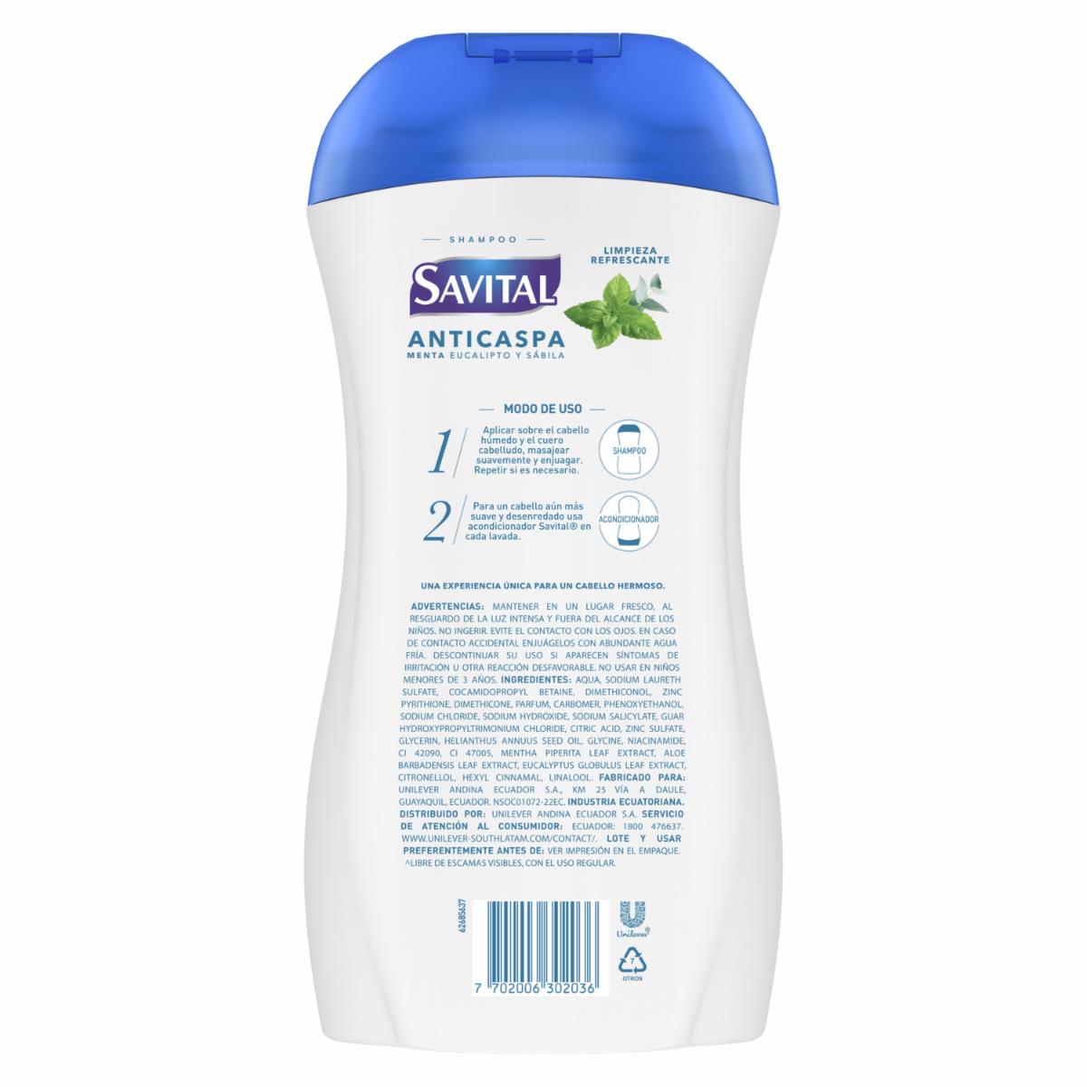 Shampoo De Cabello Anticaspa Menta Y Eucalipto SAVITAL 510 Ml
