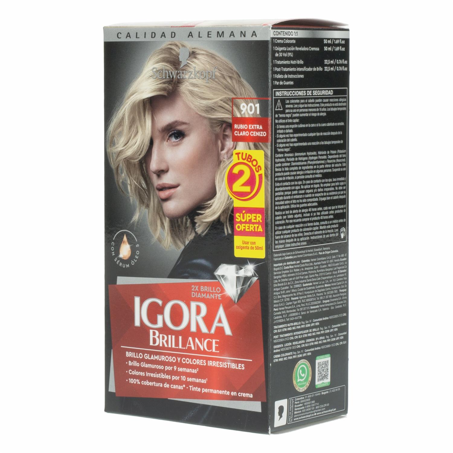Tinte De Cabello Capilar Doble Tubo 901 Rubio IGORA BRILLANCE Unidad