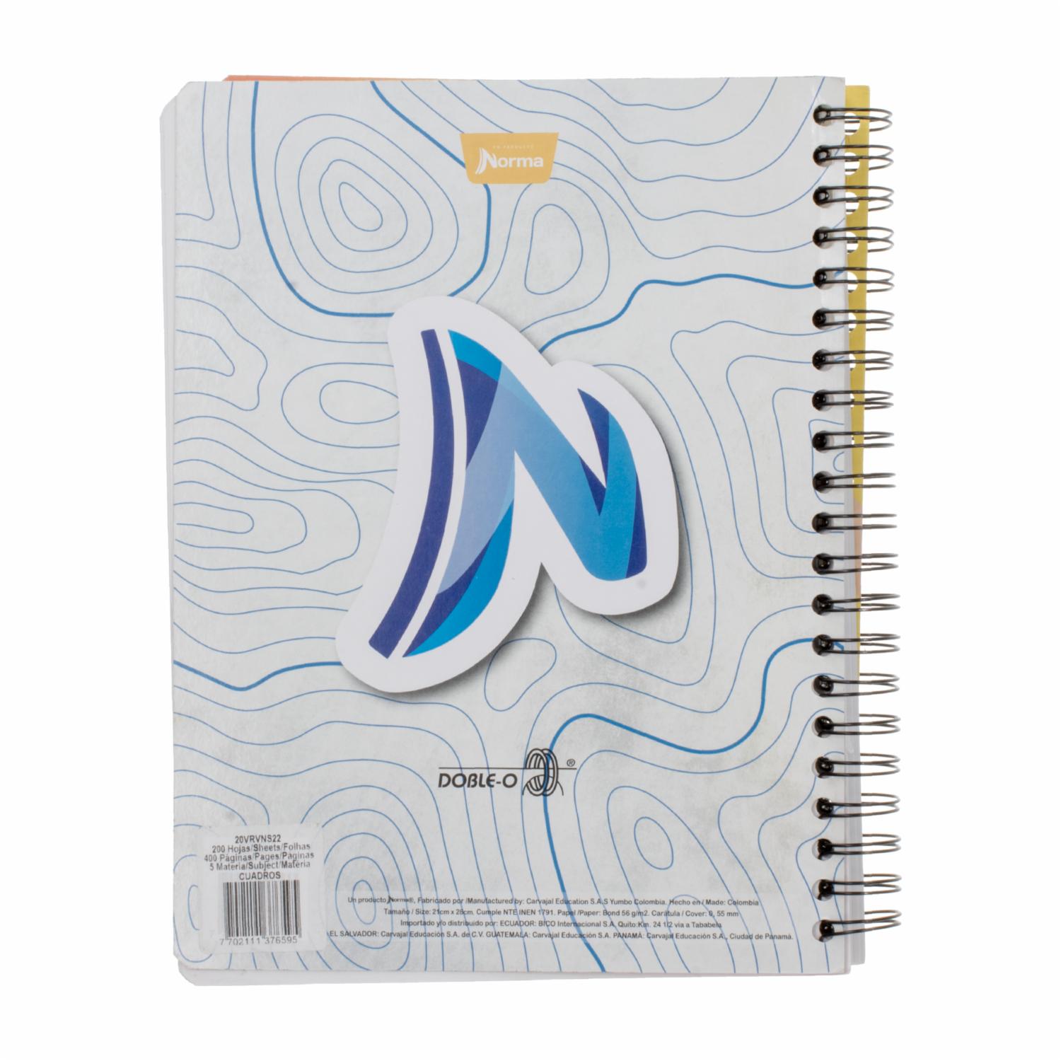 Cuaderno Universitario Cuadros 5 Materias NORMA 200 Hojas