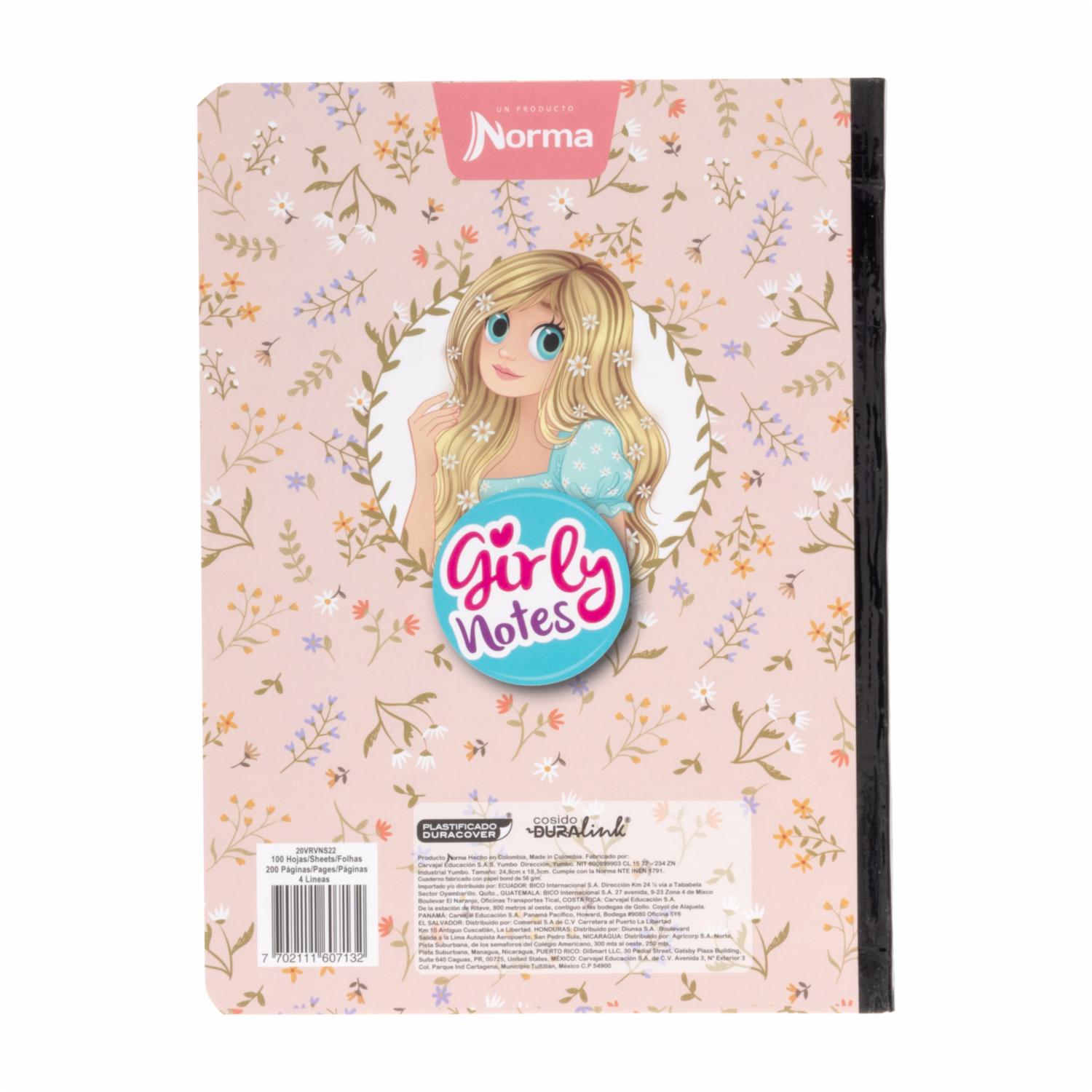 Cuaderno Cosido Girly Notes 4 Líneas NORMA 100 Hojas