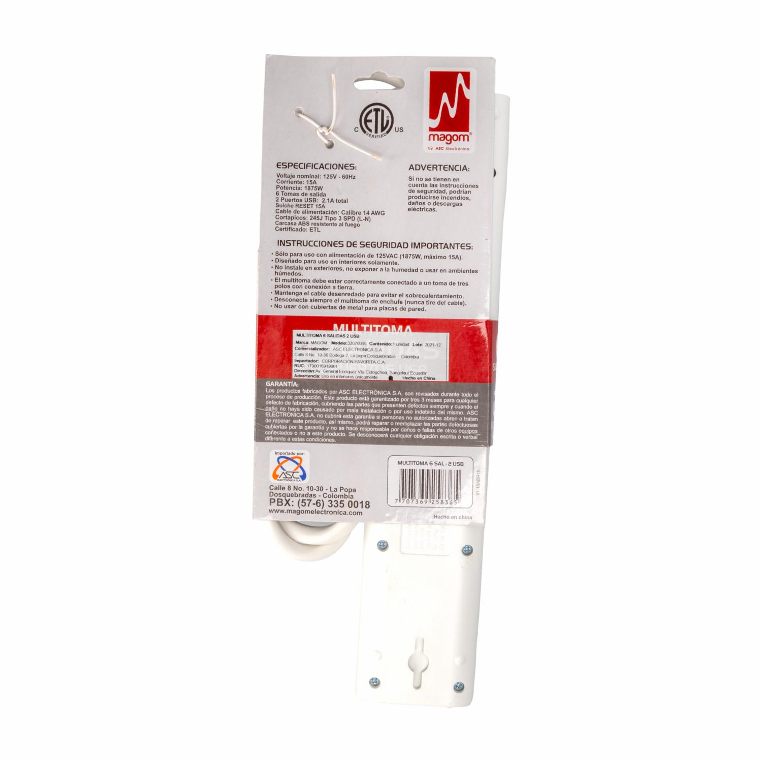 Multitoma Eléctrica De 6 Salidas y 2 Puertos Usb MAGOM Unidad - Imagen 2