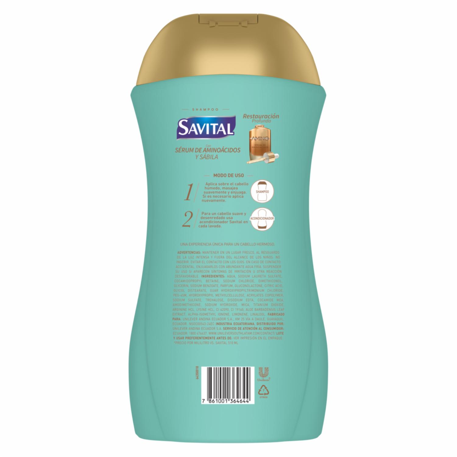 Shampoo De Cabello Con Serúm De Aminoácidos Y Sábila SAVITAL 900 Ml