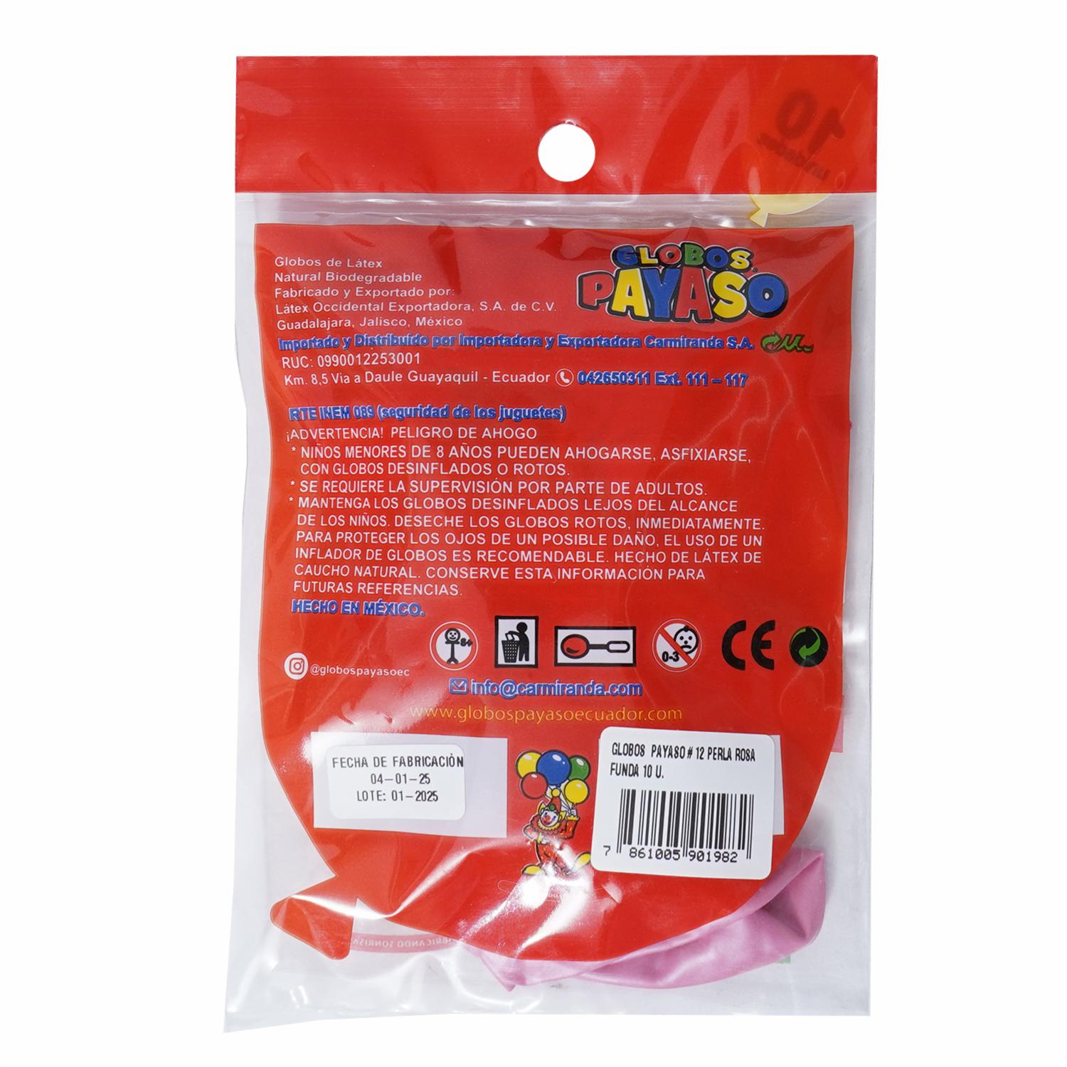 Globo N12 Perla Rosa Funda GLOBOS PAYASO X 10 Unidades