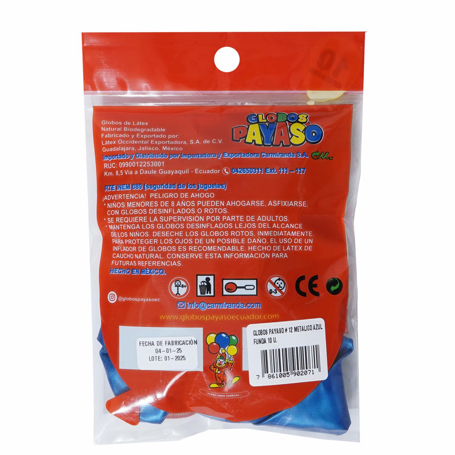 Globo Payaso N.12 Metálico Azul Funda GLOBOS PAYASO X 10 Unidades - Imagen 2