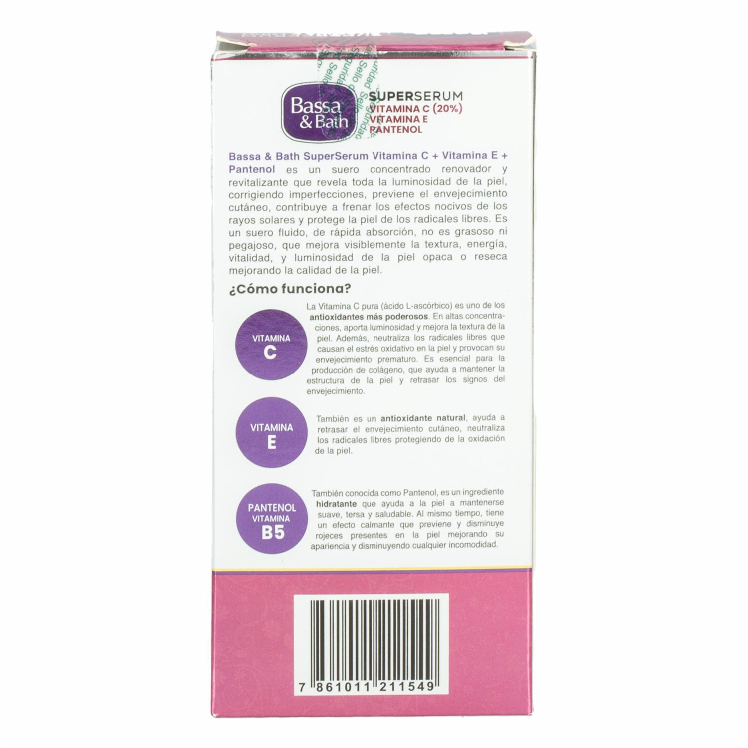 Sérum Facial Súper Vitamina C + Vitamina E + Pantenol BASSA & BATH 30 Ml