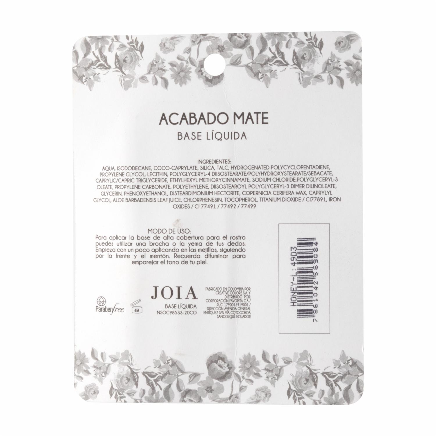Base De Maquillaje Líquida Honey JOIA Unidad