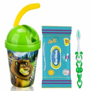 Combo Escolar Vaso Sorbete + Toallitas 10 Uds + Cepillo Dientes CARLITOS Pack