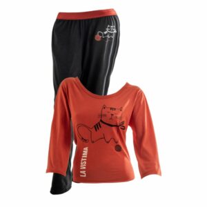 Pijama Para Dama Camiseta Manga Larga Con Pantalón Negro Con Rojo Grande BAMBOLOO