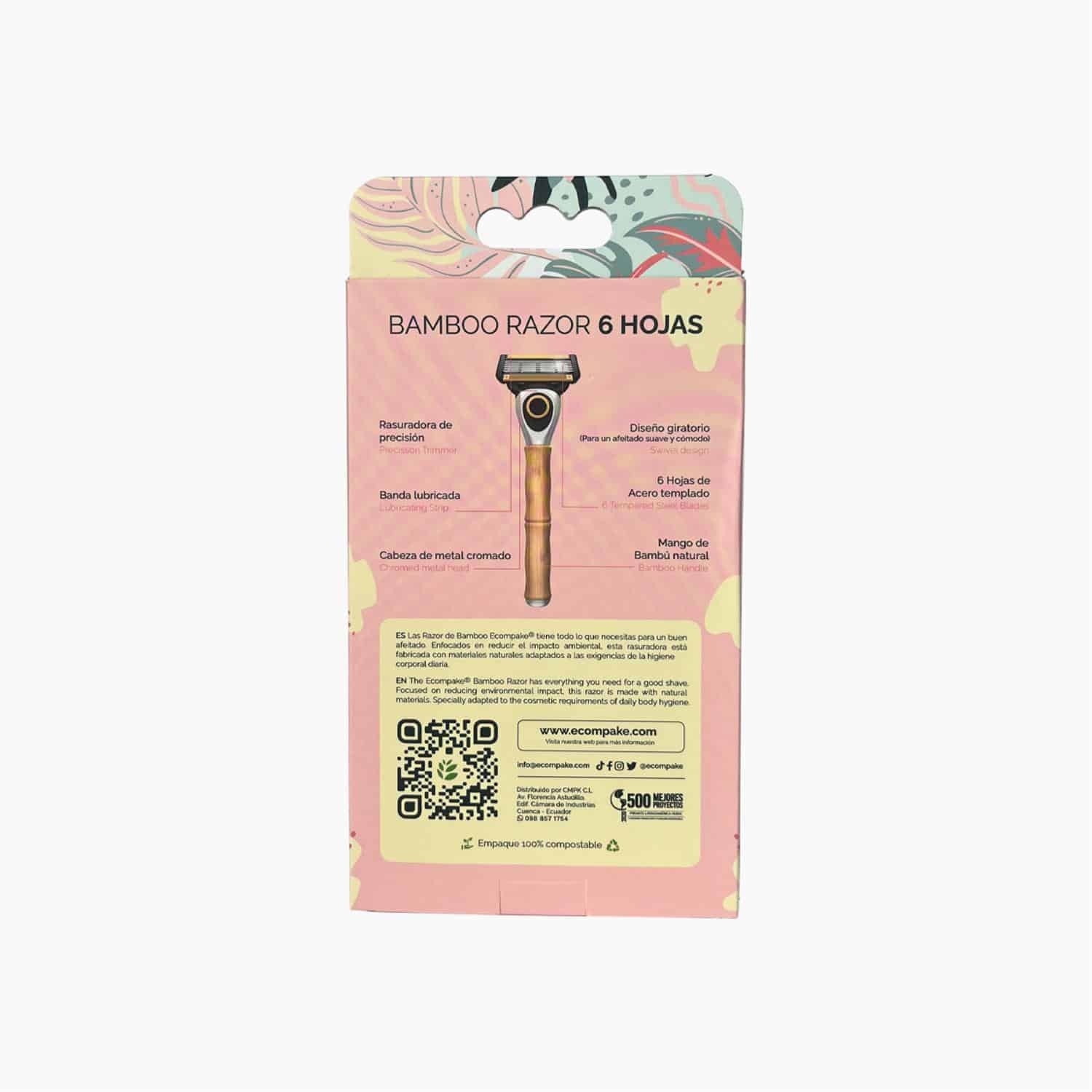 Razuradora Dama Mango De Bamboo 6 Hojas De Acero ECOMPAKE Con 4 Cartuchos - Imagen 2