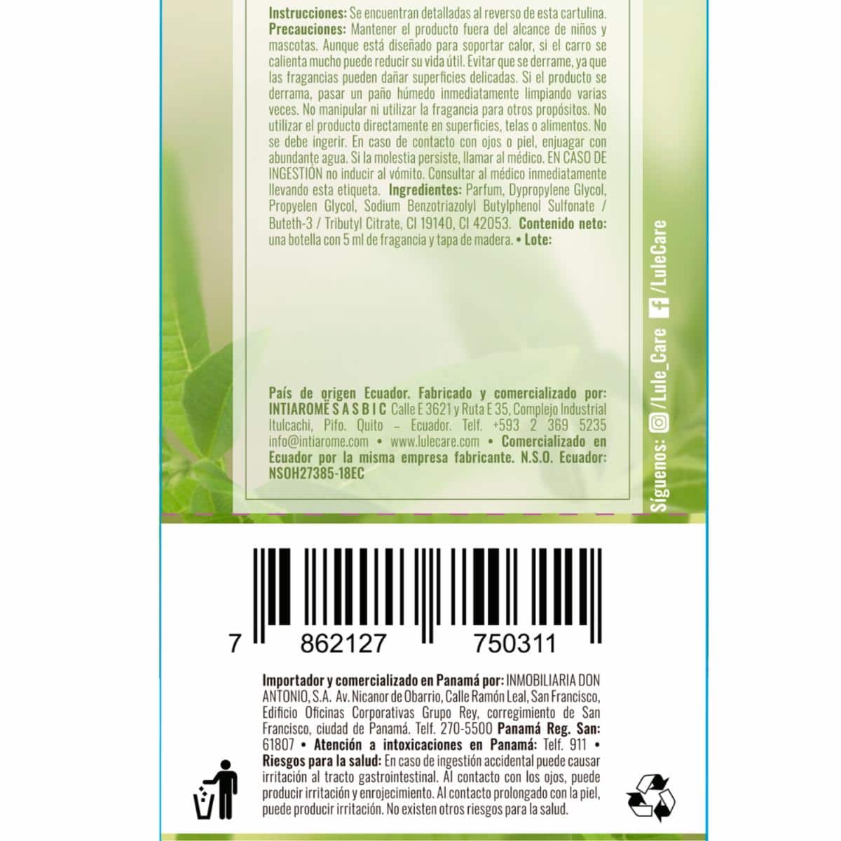 Difusor Ambiental Para Auto Fragancia Peaceful Verbena LULË AROMË 5 Ml - Imagen 2