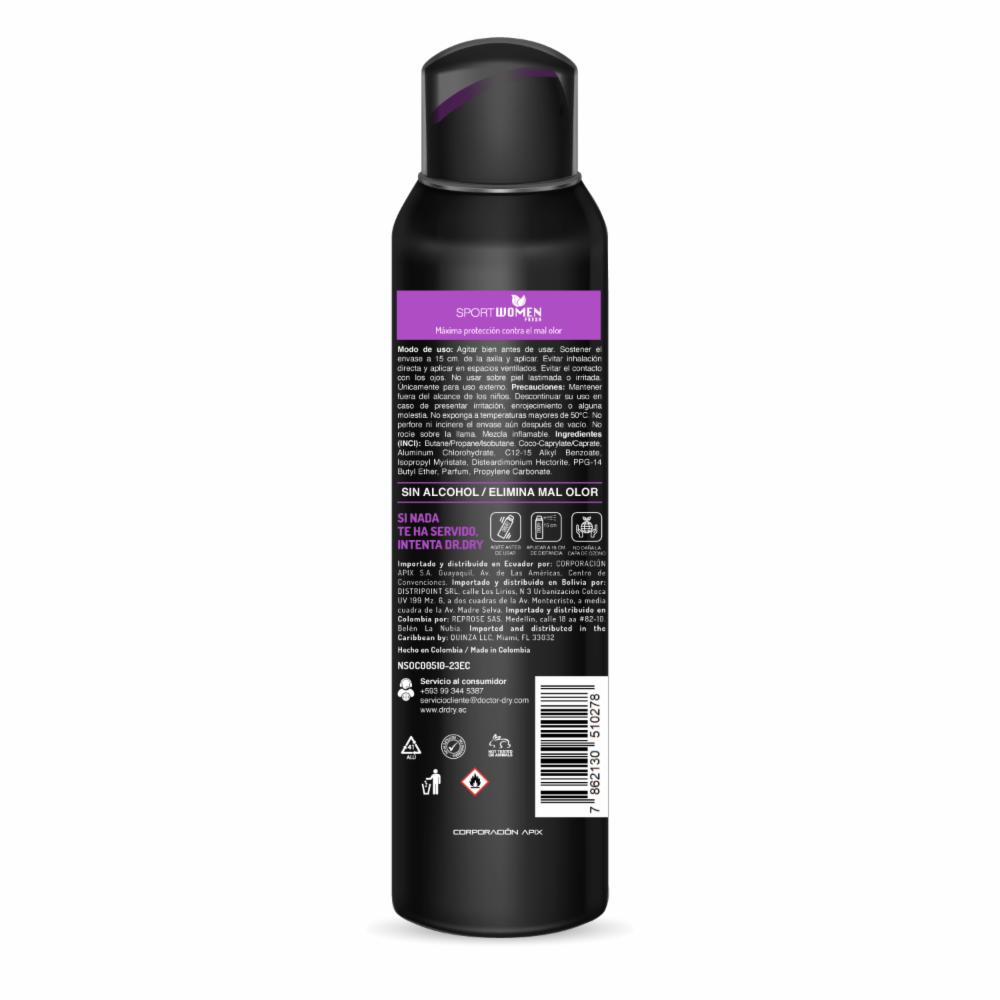 Desodorante En Aerosol Sport Para Mujer Mayor Protección Contra El Olor DR.DRY 150 Ml - Imagen 2