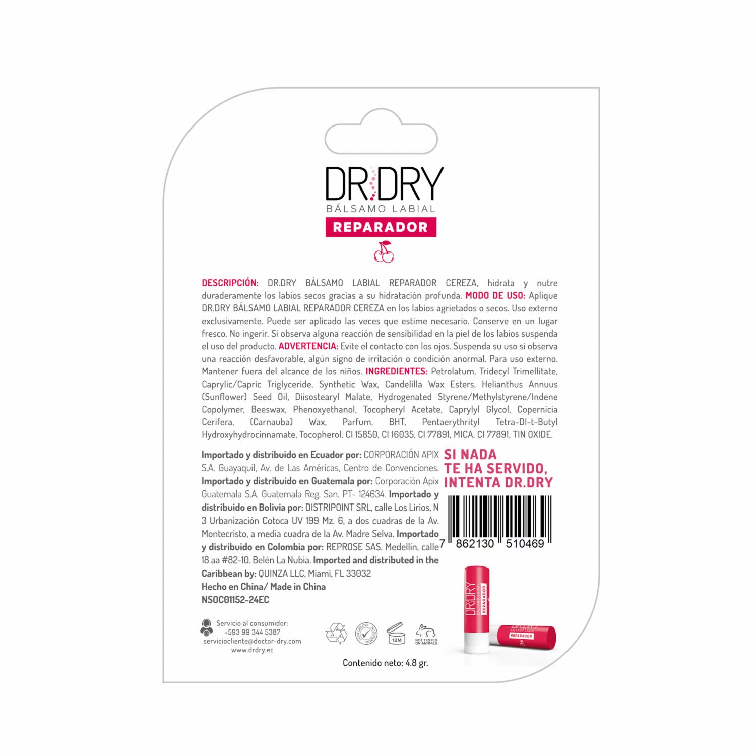 Bálsamo Labial Reparador Hidratante Sabor A Cereza DR.DRY 4.80 G