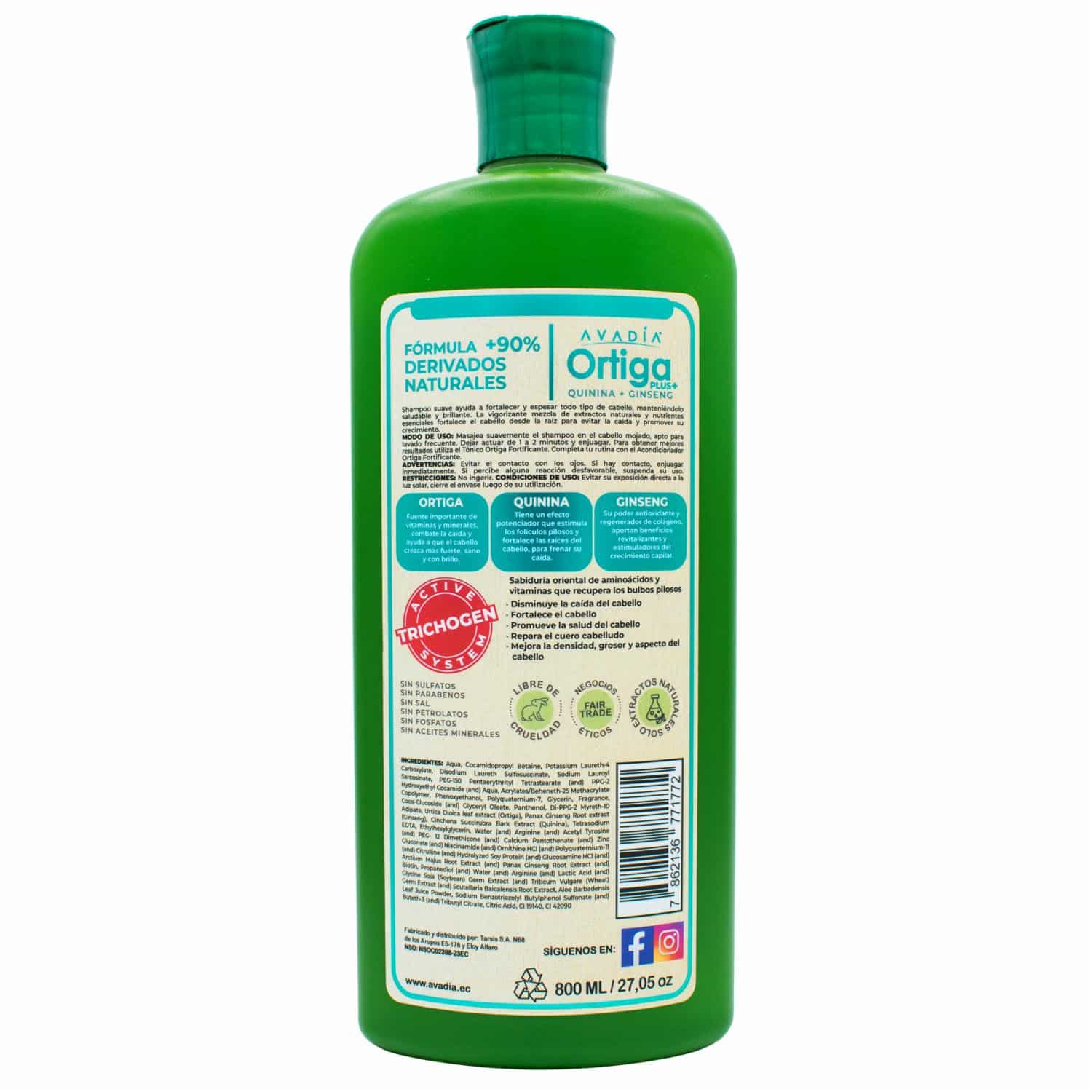 Shampoo Para Cabello Ortiga Plus Anticaída Fortificante Trichogen, Ortiga, Quinina Y Ginseng AVADÍA 800 Ml - Imagen 2
