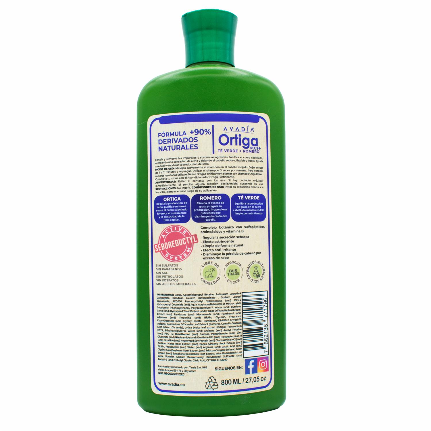 Shampoo Para Cabello Ortiga Plus Anticaída Seboregulador Trichogen, Ortiga, Te Verde Y Romero AVADÍA 800 Ml - Imagen 2