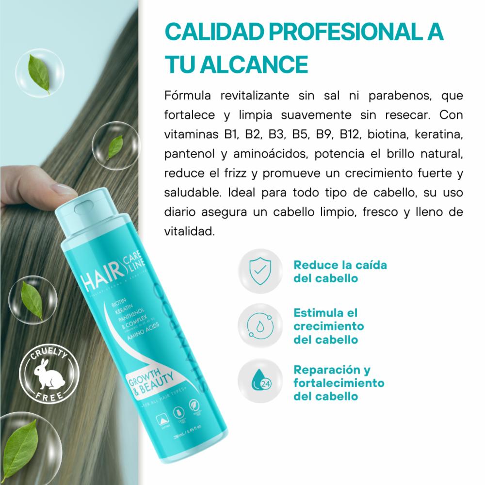Shampoo Capilar Growth & Beauty Línea Profesional Con Vitaminas Y Aminoácidos HAIR CARE LINE 250 Ml - Imagen 4