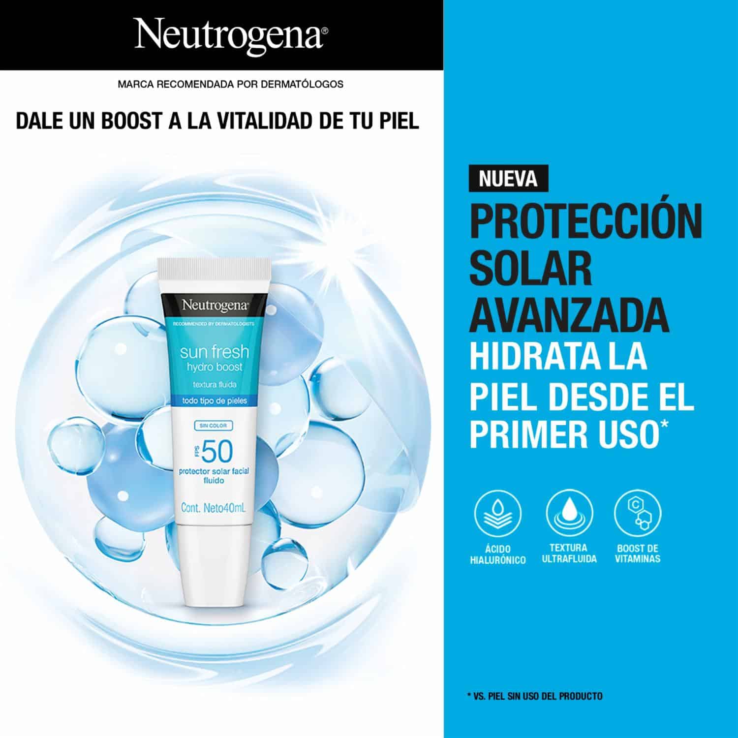 Protector Solar Facial Hydro Boost Ácido Hialurónico Sin Color FPS 50 Sun Fresh NEUTROGENA 40 Ml - Imagen 3