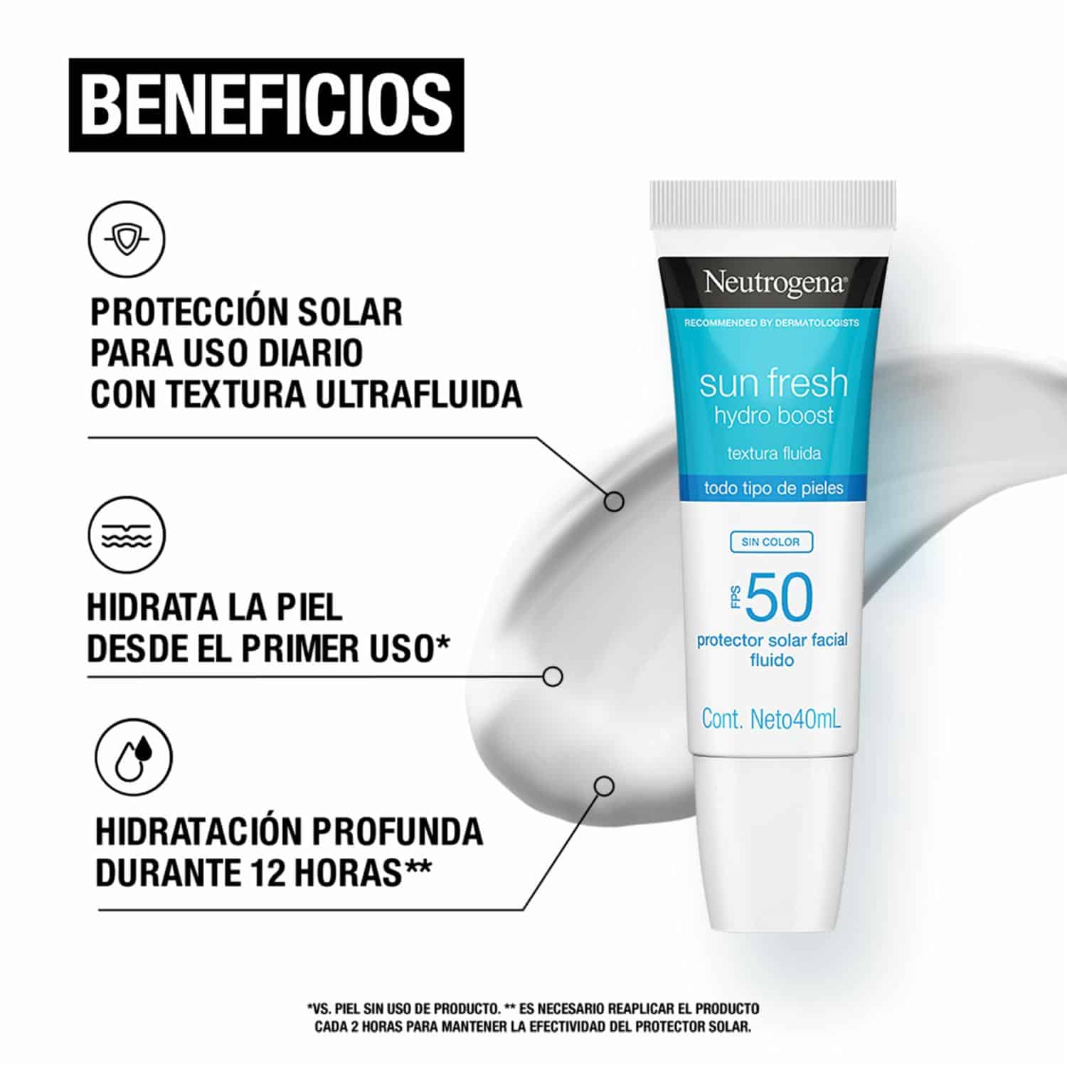 Protector Solar Facial Hydro Boost Ácido Hialurónico Sin Color FPS 50 Sun Fresh NEUTROGENA 40 Ml - Imagen 4
