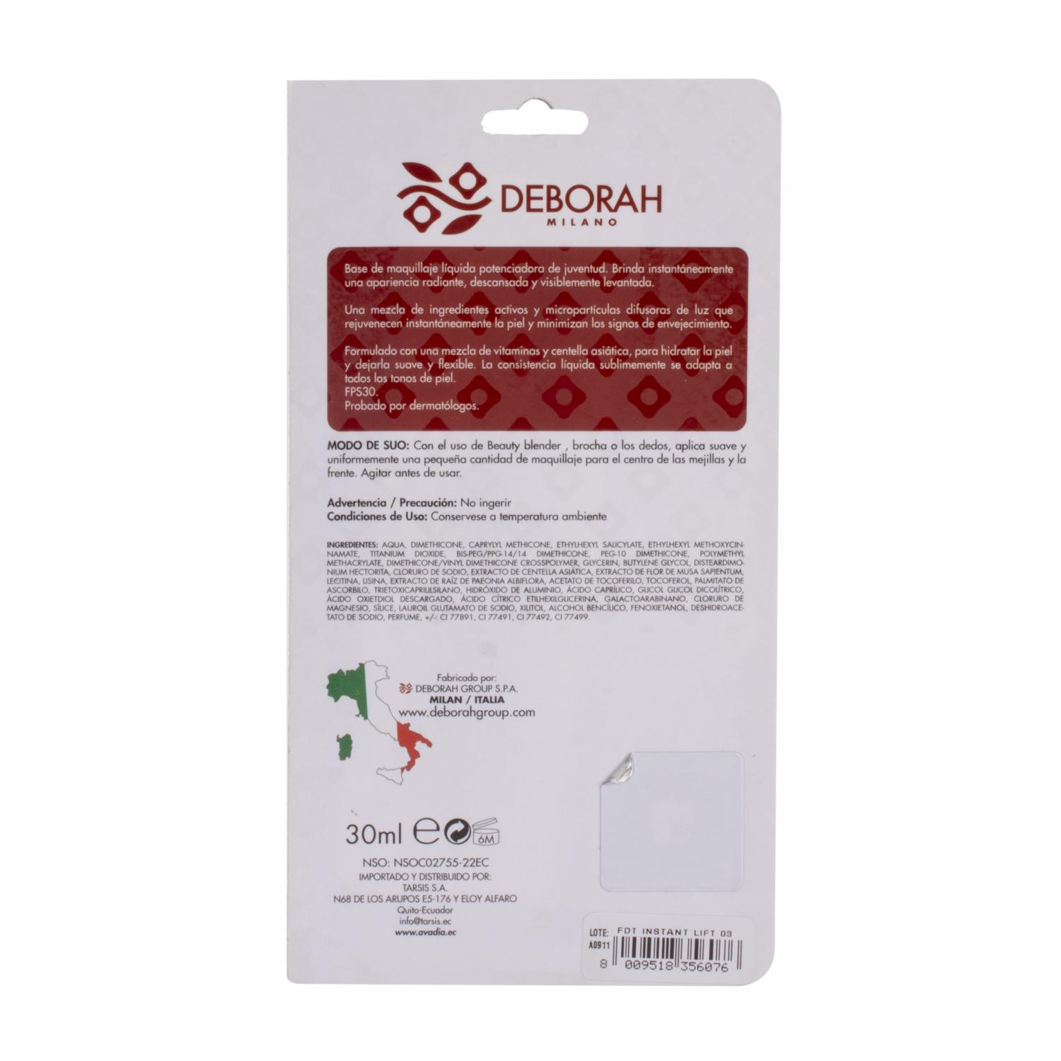 Base De Maquillaje Instant Lift Fondotinta Sand 03 DEBORAH MILANO 30 Ml - Imagen 2