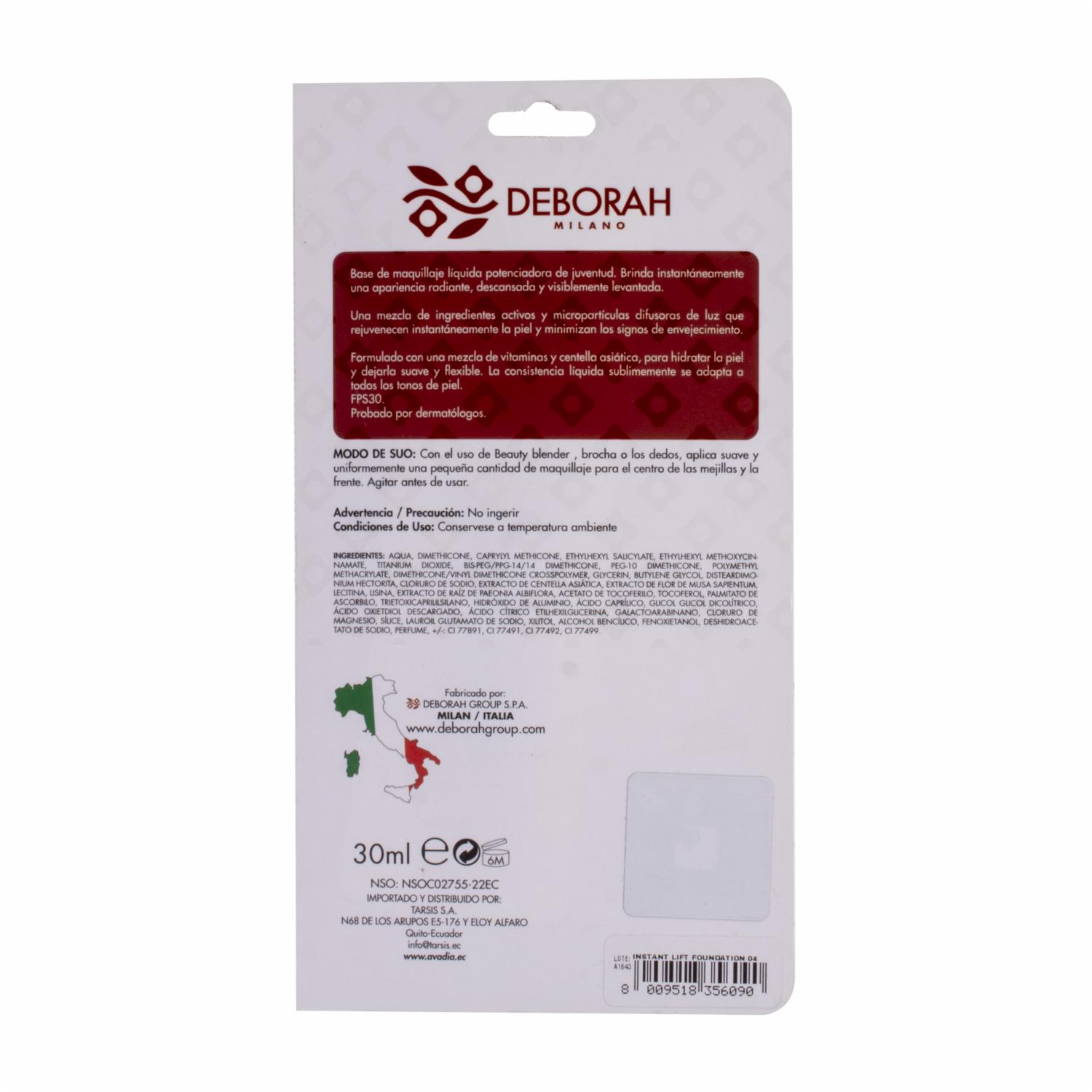 Base De Maquillaje Instant Lift Fondotinta Apricot 04 DEBORAH MILANO 30 Ml - Imagen 2