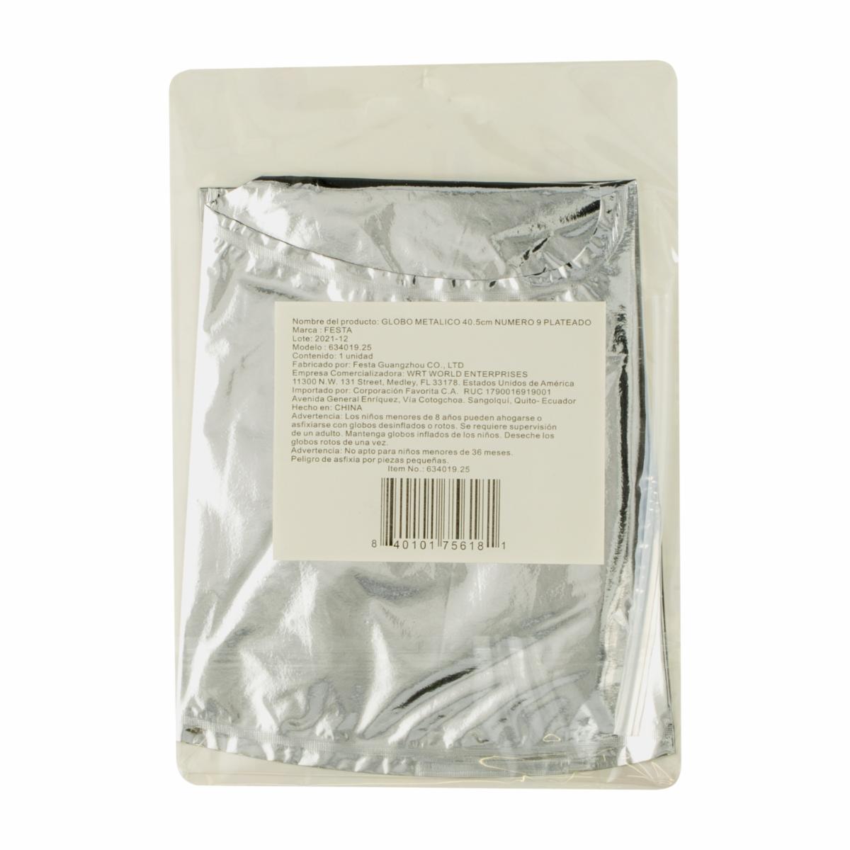 Globo Metálico Plateado BALLOON Número 9 - Imagen 2