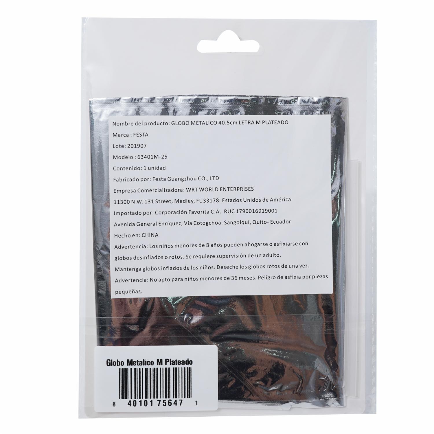 Globo Metálico Letra M Plateado BALLOON 40,5 Cm - Imagen 2