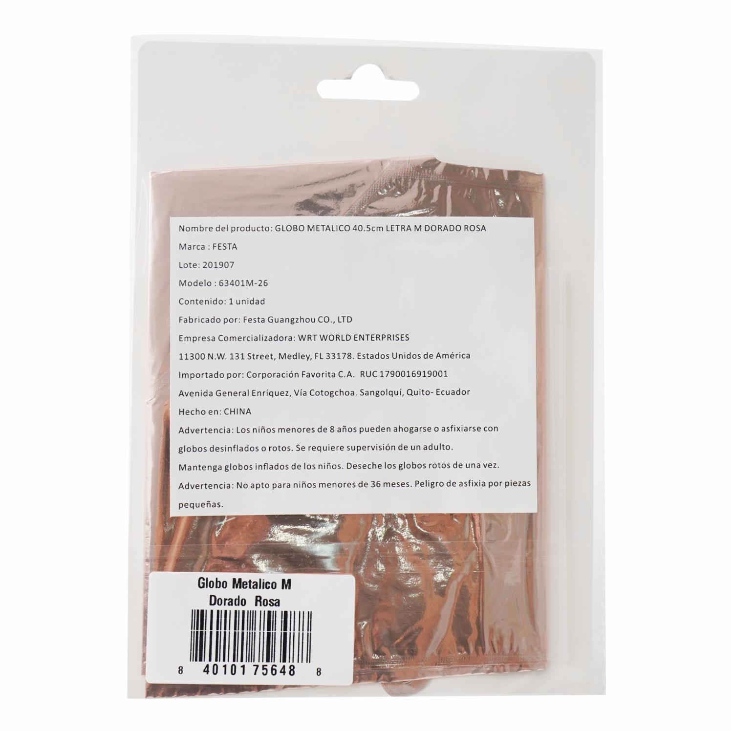 Globo Metálico Letra M Dorado Rosa BALLOON 40,5 Cm