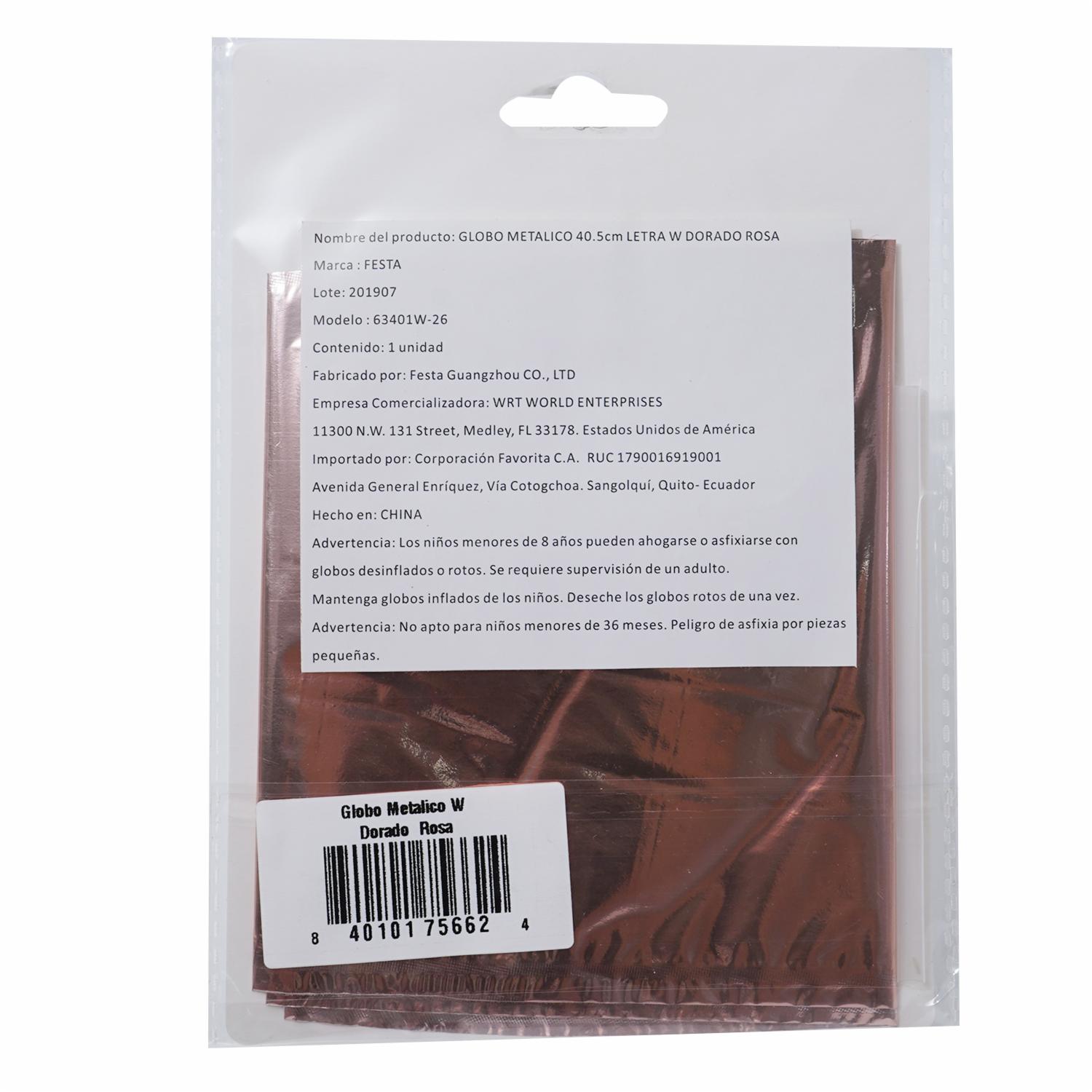 Globo Metálico Letra W Dorado Rosa BALLOON Letra W - Imagen 2