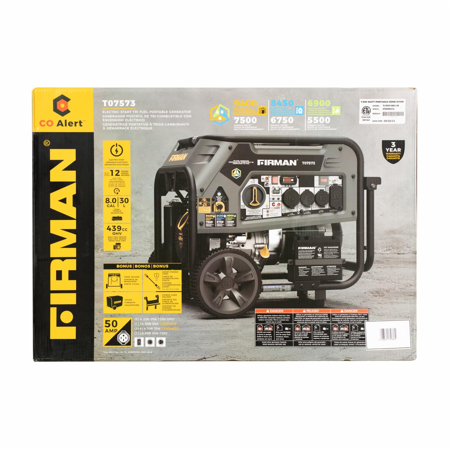 Generador Eléctrico A Gasolina Y Gas 12 Horas T07573 FIRMAN 9400W