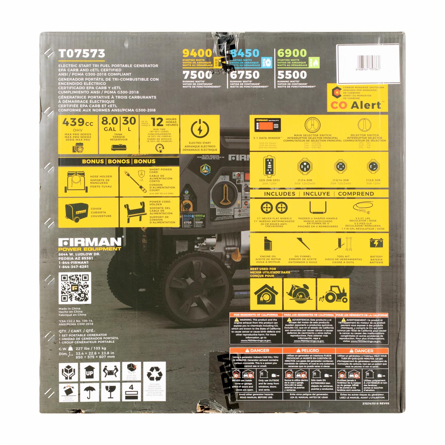 Generador Eléctrico A Gasolina Y Gas 12 Horas T07573 FIRMAN 9400W