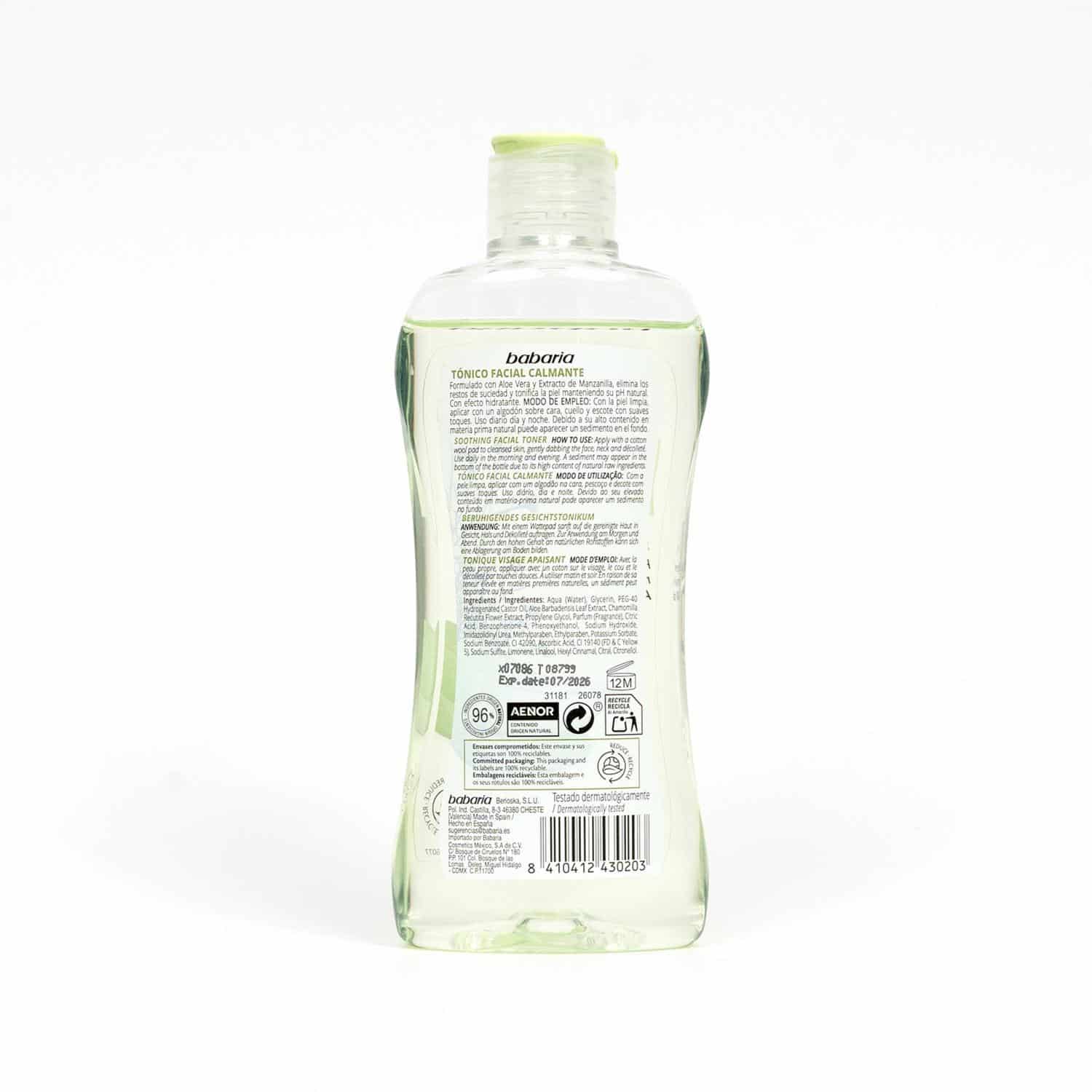 Tónico Facial Calmante Con Aloe Y Manzanilla BABARIA 200 Ml - Imagen 2