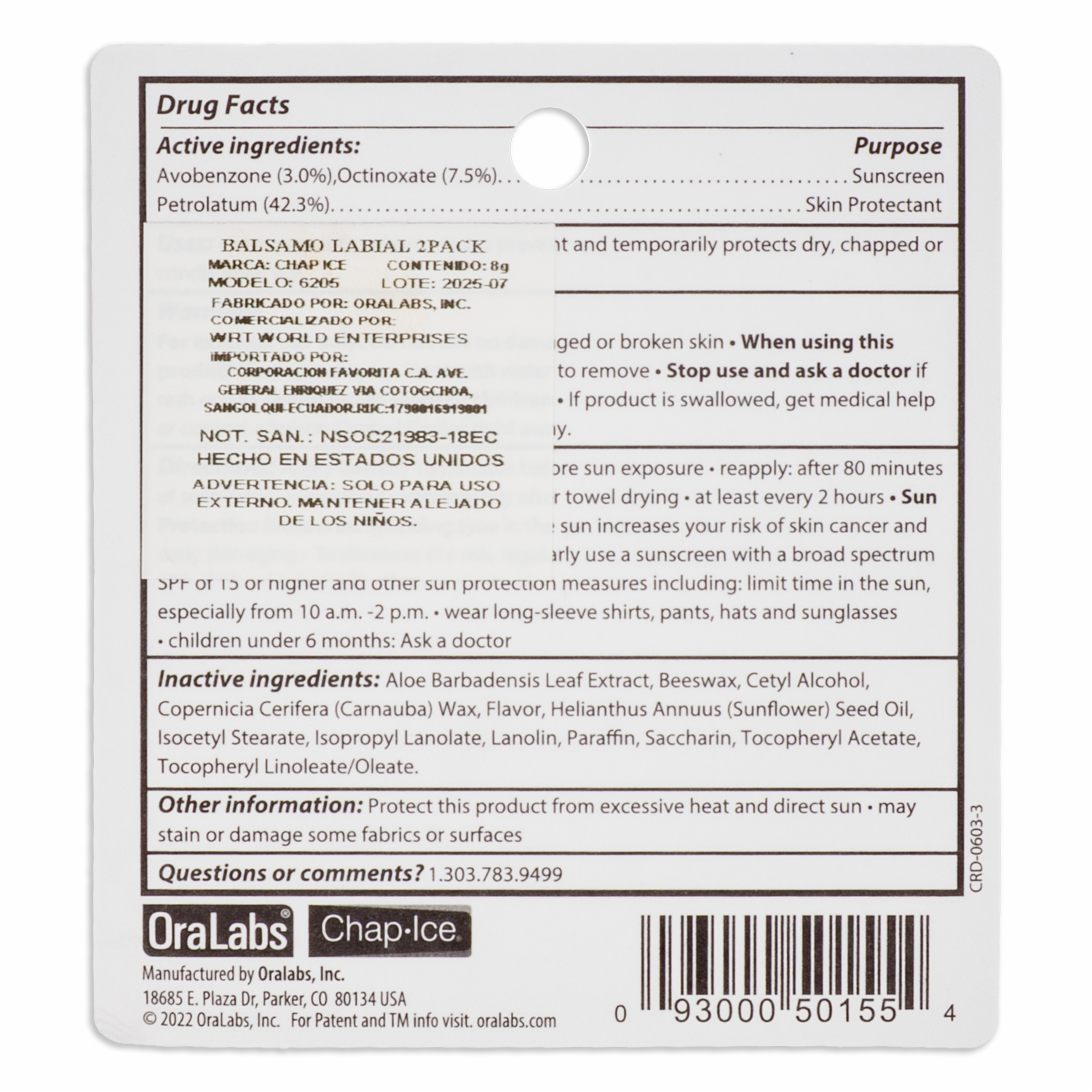 Bálsamo Labial Hidratante CHAP-ICE Factor De Protección Solar 15