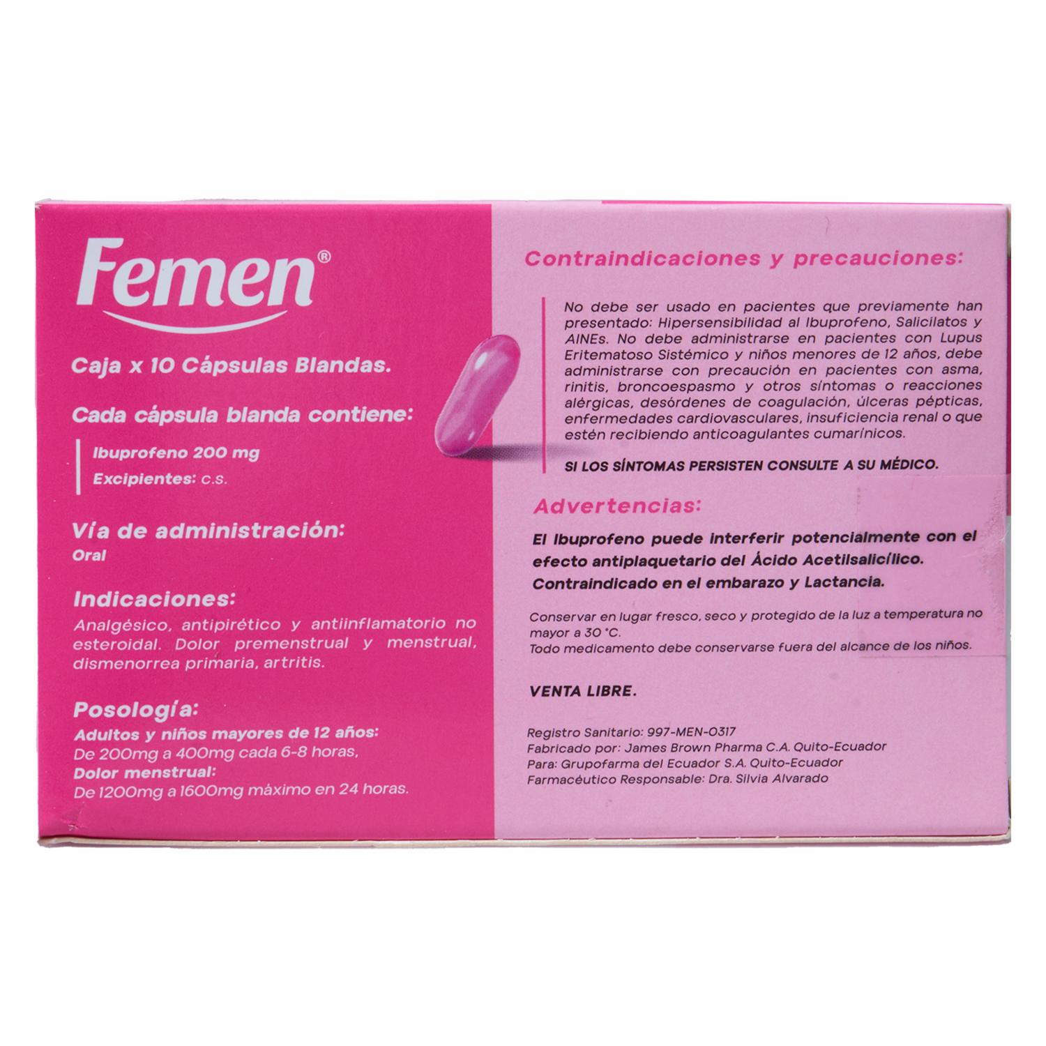 Analgésico En Cápsulas FEMEN 10 Uds - Imagen 2