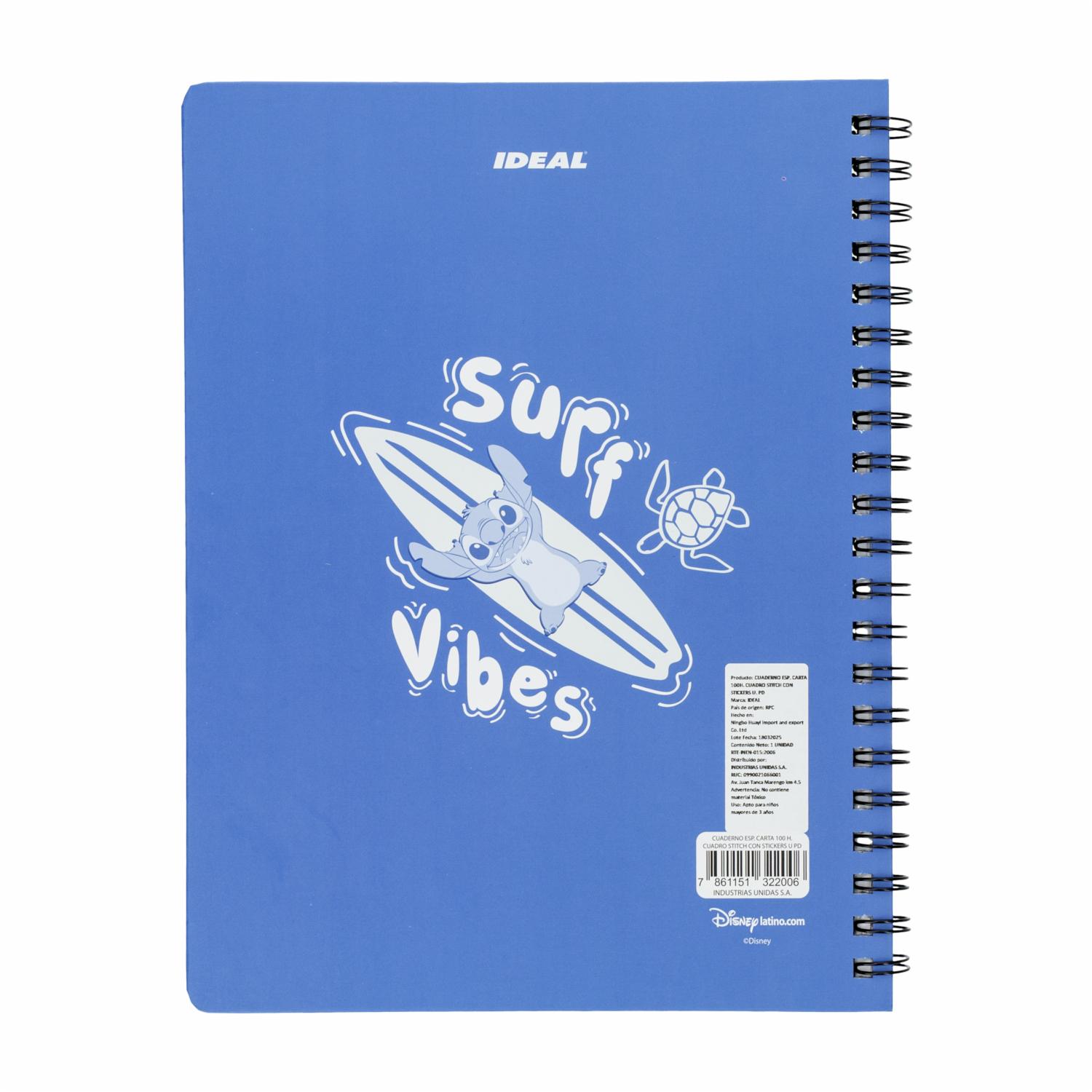Cuaderno Universitario De Cuadros Stitch Con Stickers DISNEY 100 Hojas