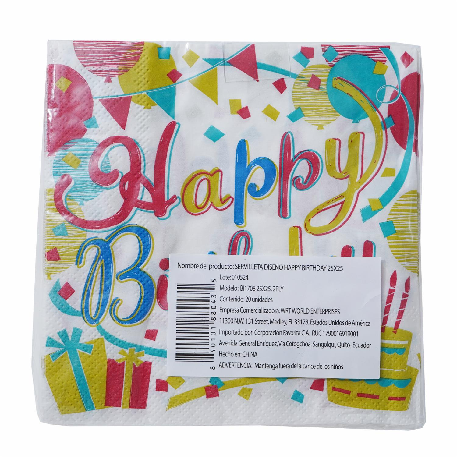 Servilleta Happy Birthday Colores 25X25 DFHO 20 U