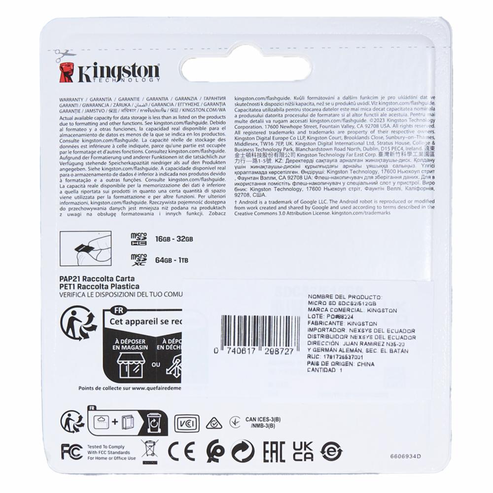 Micro SD Con Adaptador Canvas Select Plus KINGSTON 512 Gb - Imagen 2