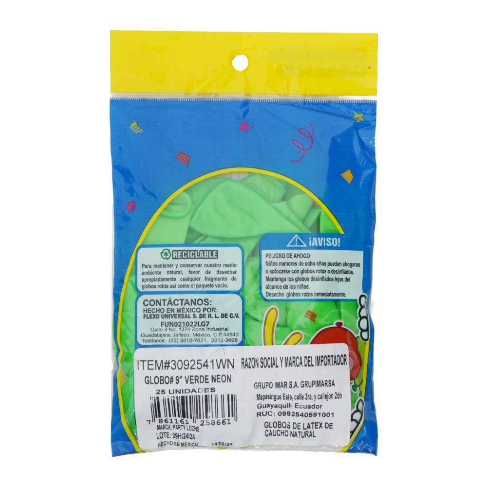 Globo N9 Neón Verde PARTY COLORS x 25 Unidades - Imagen 2
