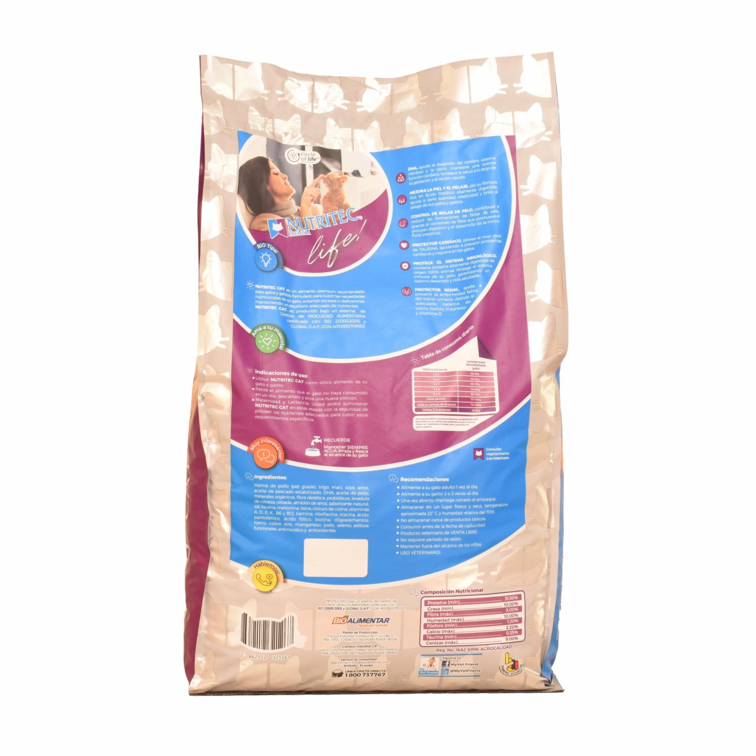 Alimento Para Gatos Y Gatitos Sabor A Pollo Y Vegetales 31.5% Proteína NUTRITEC 8 Kg - Imagen 3