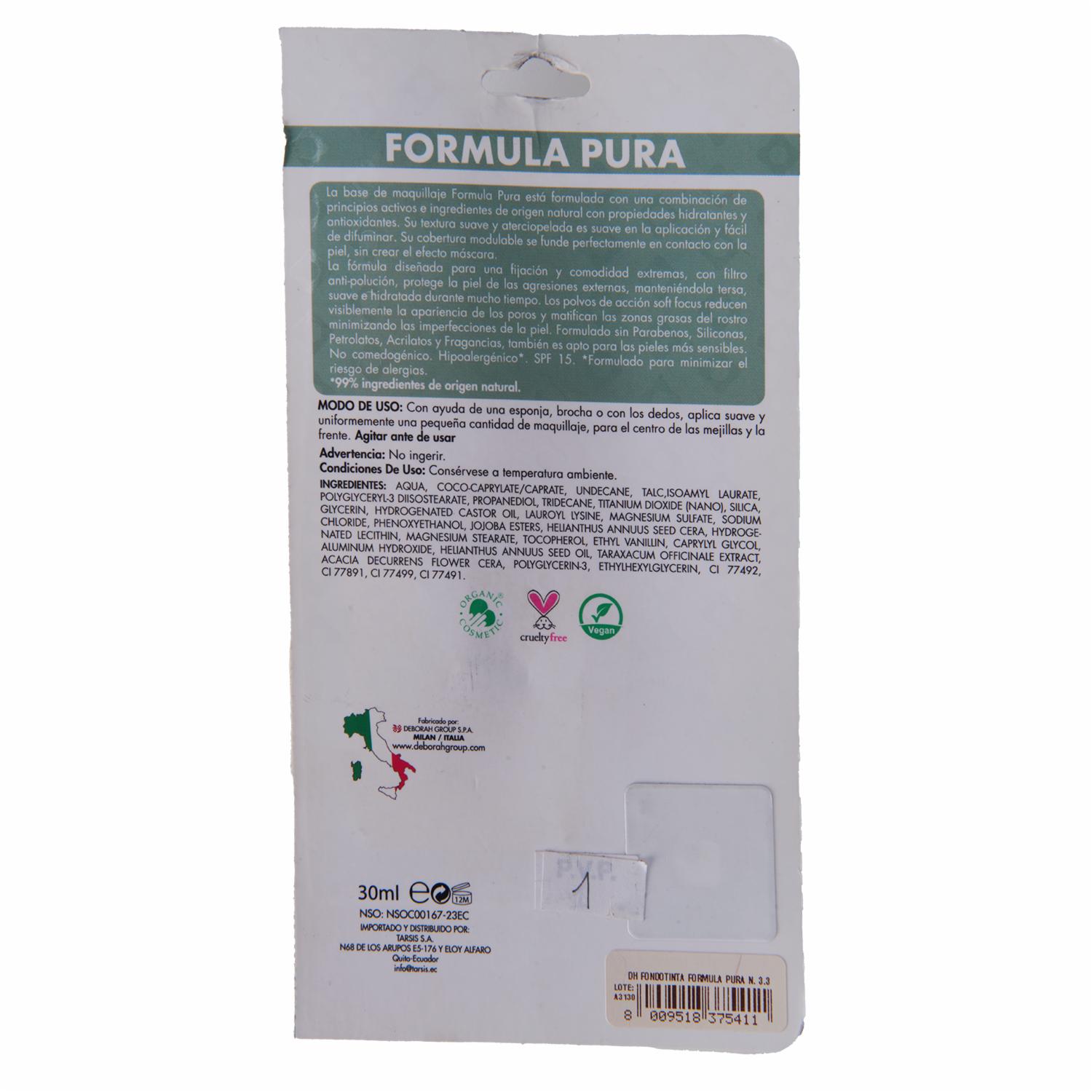 Base De Maquillaje Fórmula Pura Fondotinta Gold 3.3 DEBORAH MILANO 30 Ml - Imagen 2