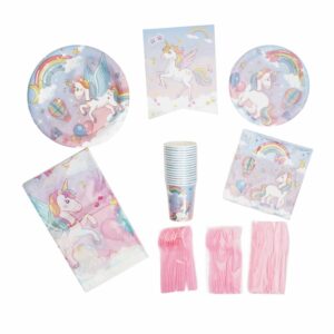 Set De Platos Servilletas Vasos Y Cubiertos Unicornio Rosado UNIFELICIDAD 16 Uds