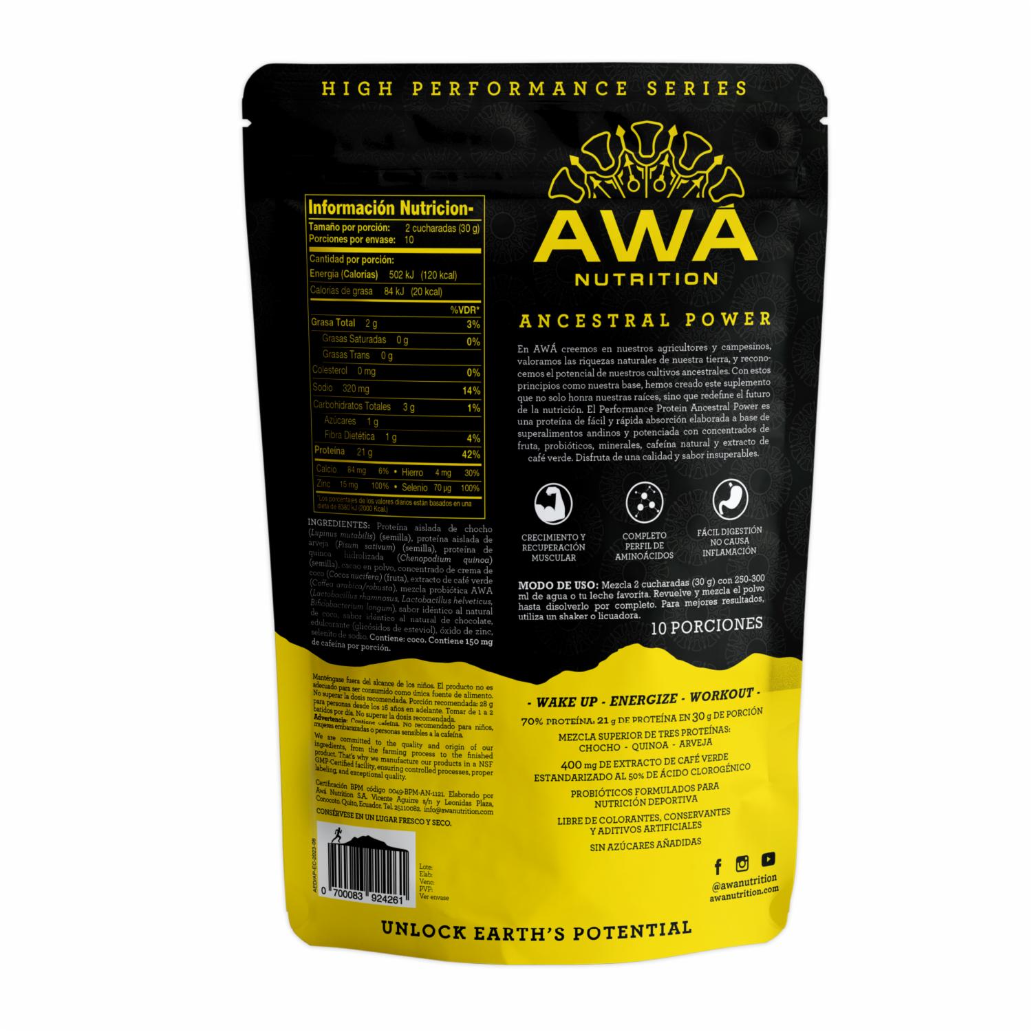 Proteína En Polvo Performance Cacao Crema de Coco Café Ancestral Power AWA NUTRITION 300 G - Imagen 3