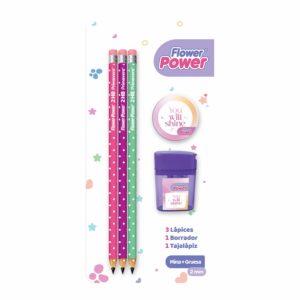 Set Escolar 3 Lápiz Sacapuntas Y Borrador FLOWER POWER X5 Uds