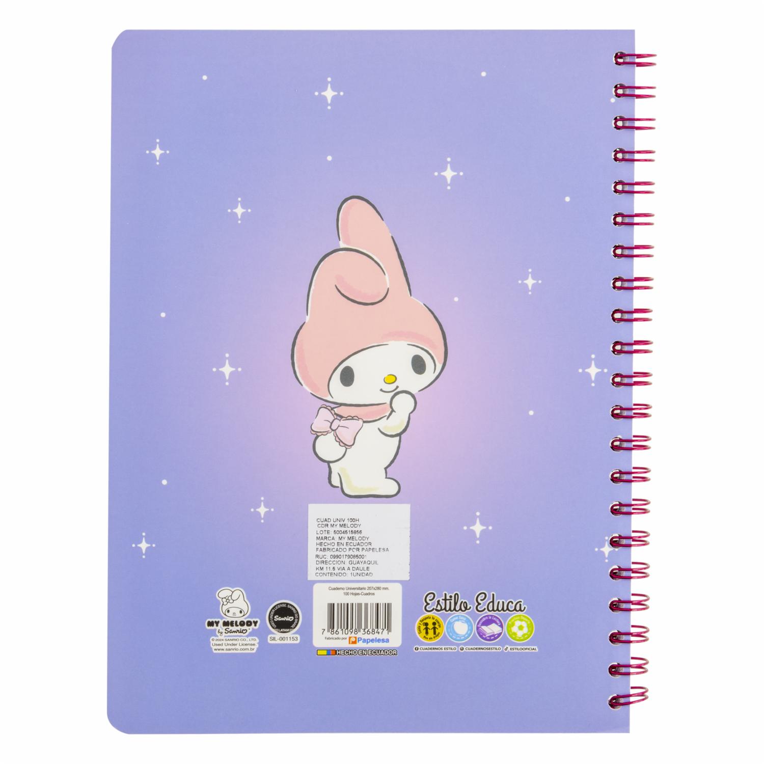 Cuaderno Universitario A Cuadros My Melody ESTILO 100 Hojas